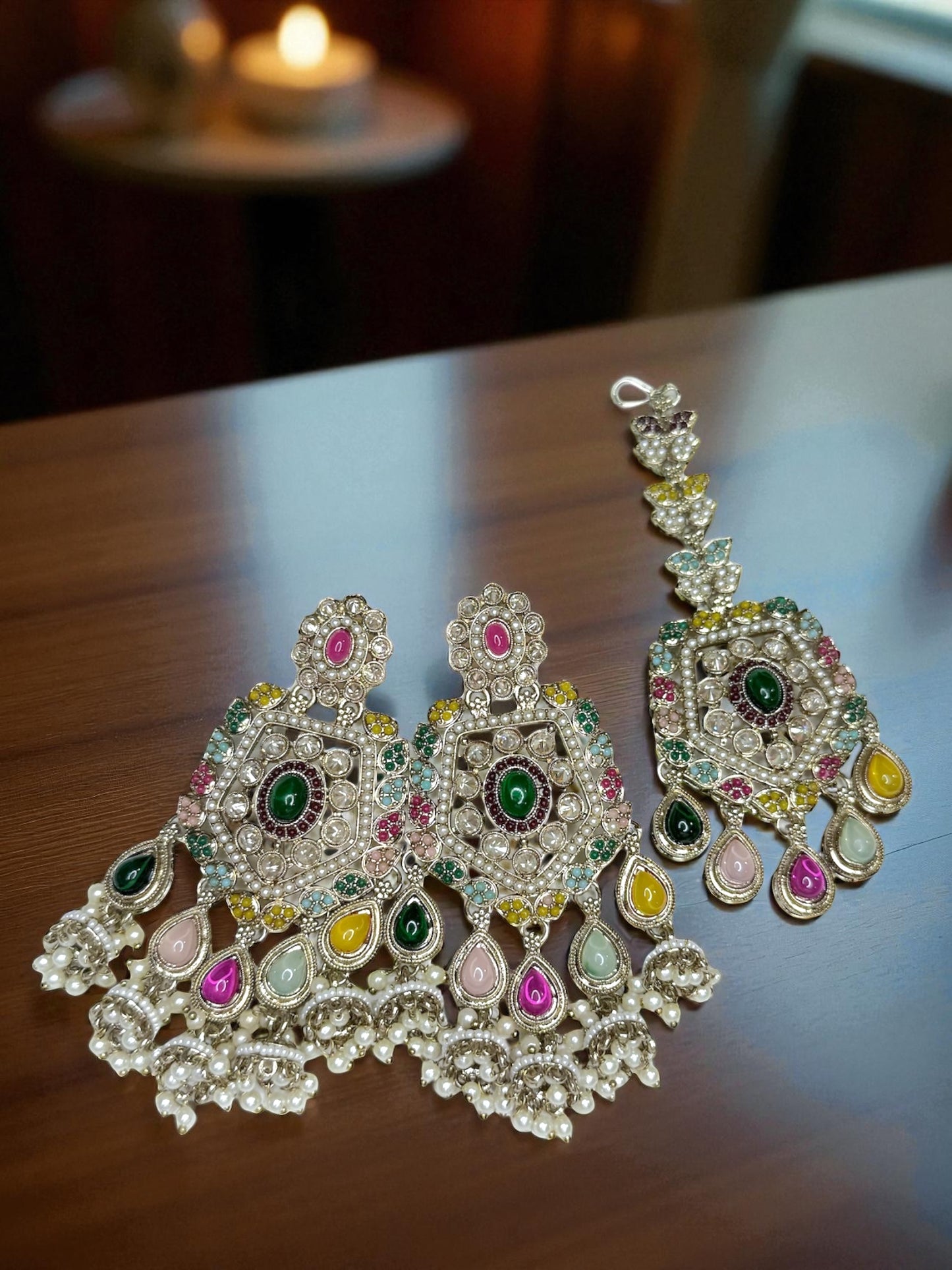 Haifa هيفاء Polki Earring & Tika Set in Multicolor