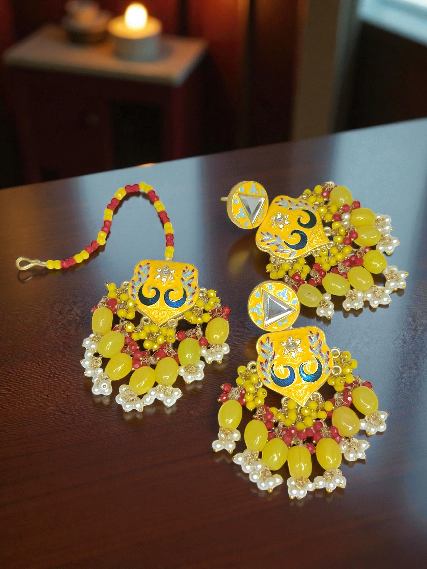 Hamda حمدة Meenakari Kundan Earring & Tika Set in Yellow