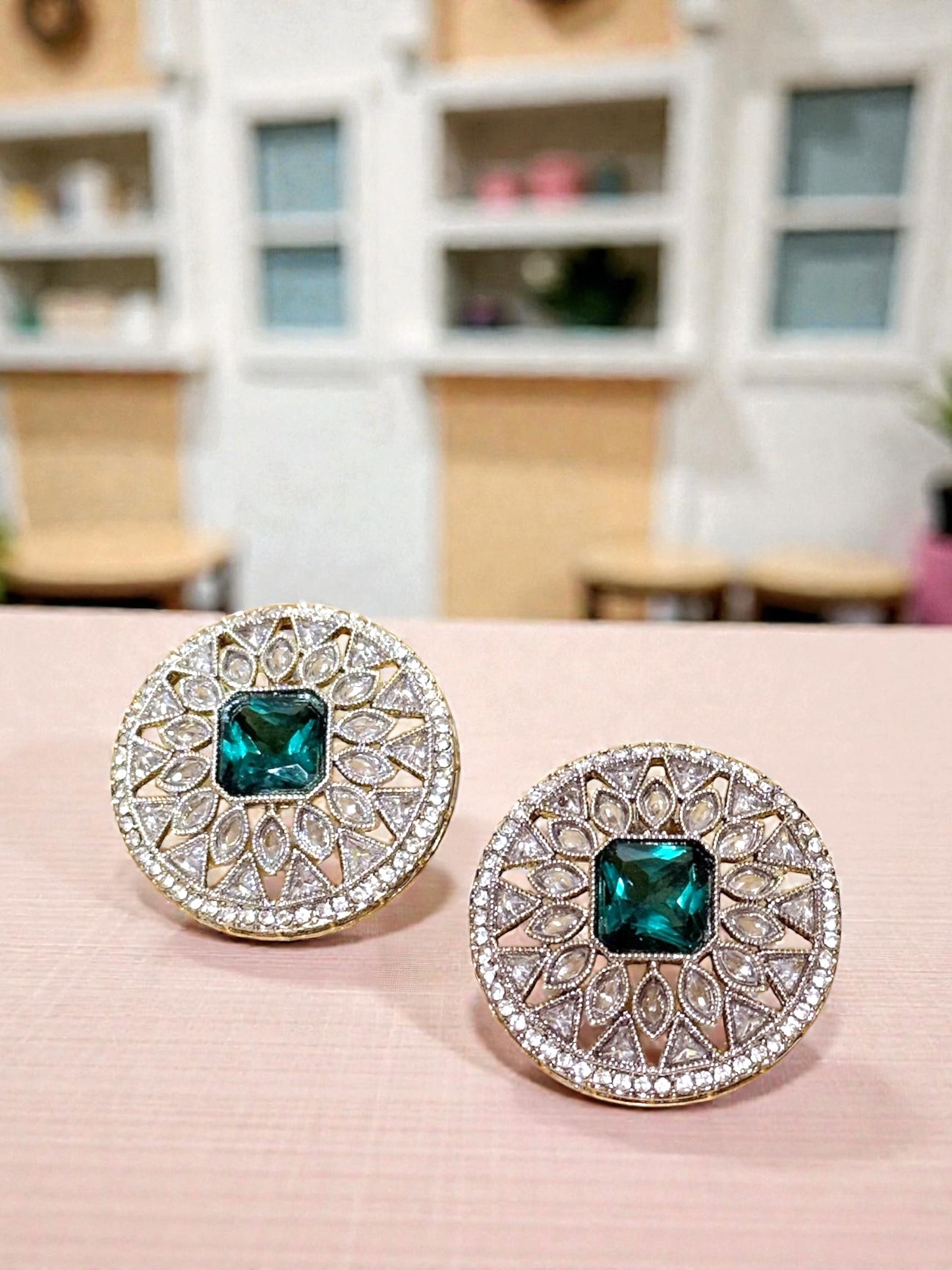 Karishma करिश्मा Polki Studs in Teal