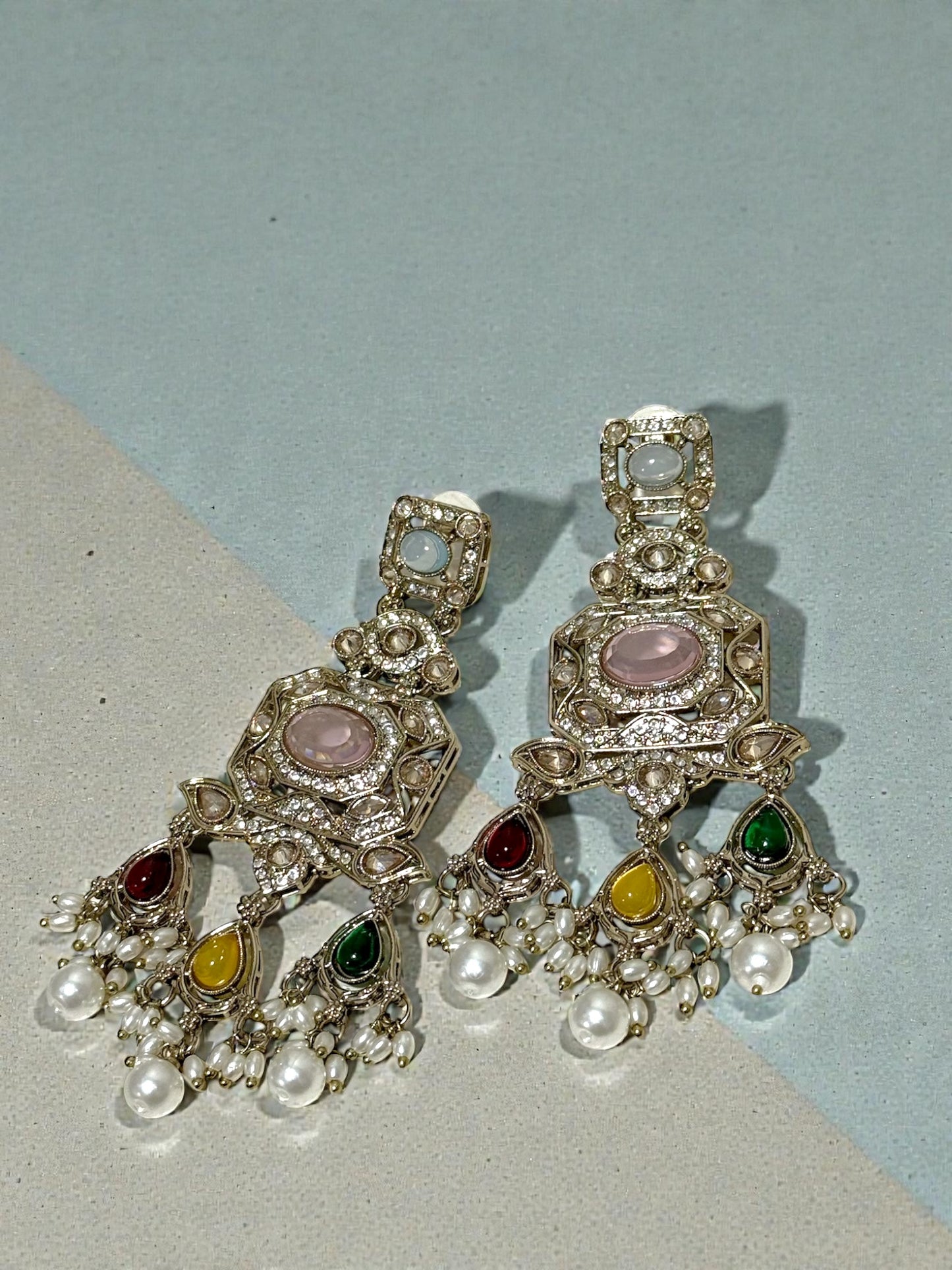 Archana अर्चना Polki Earrings in Multicolor - Pink Center Stone