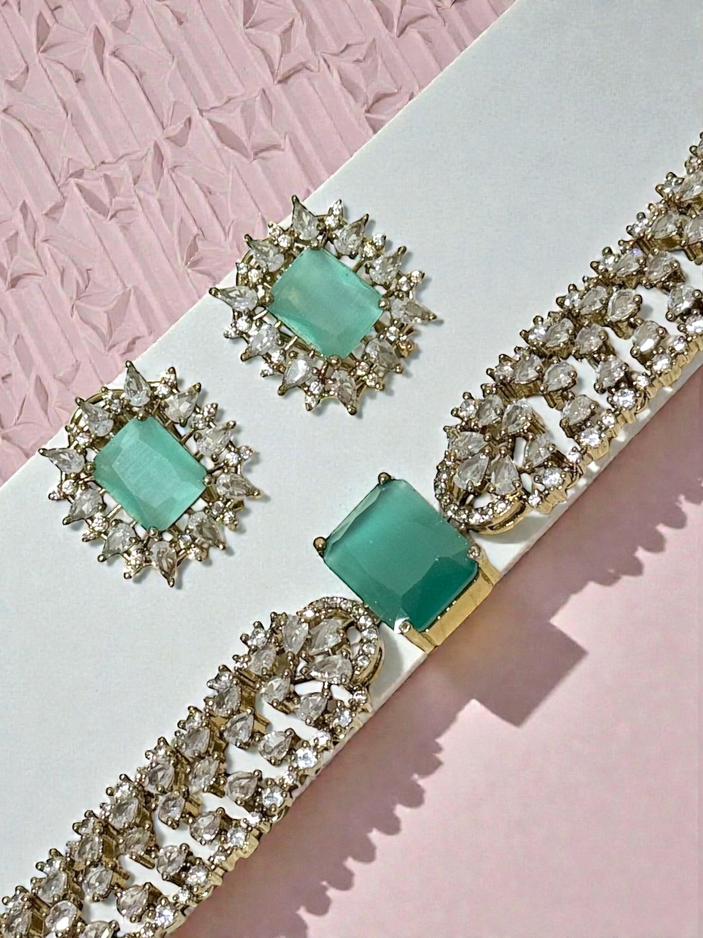 Jeevika जीविका American Diamond Choker Set in Mint over Gold