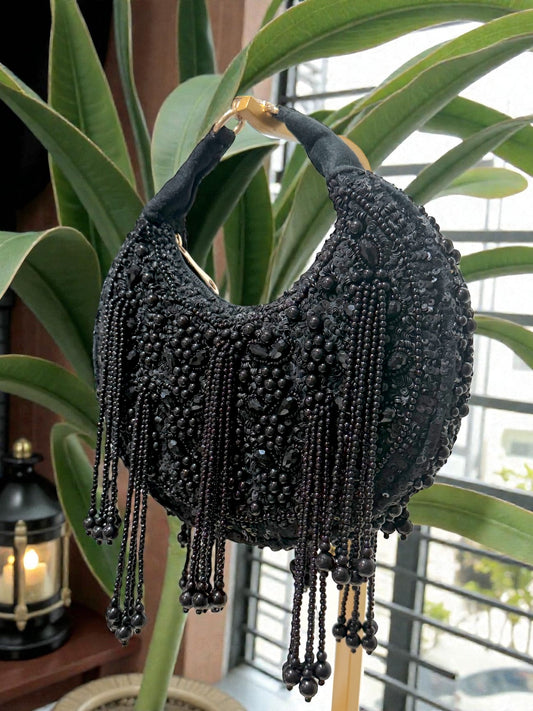 Jaya जया Moon Shaped Beaded Bag in Black