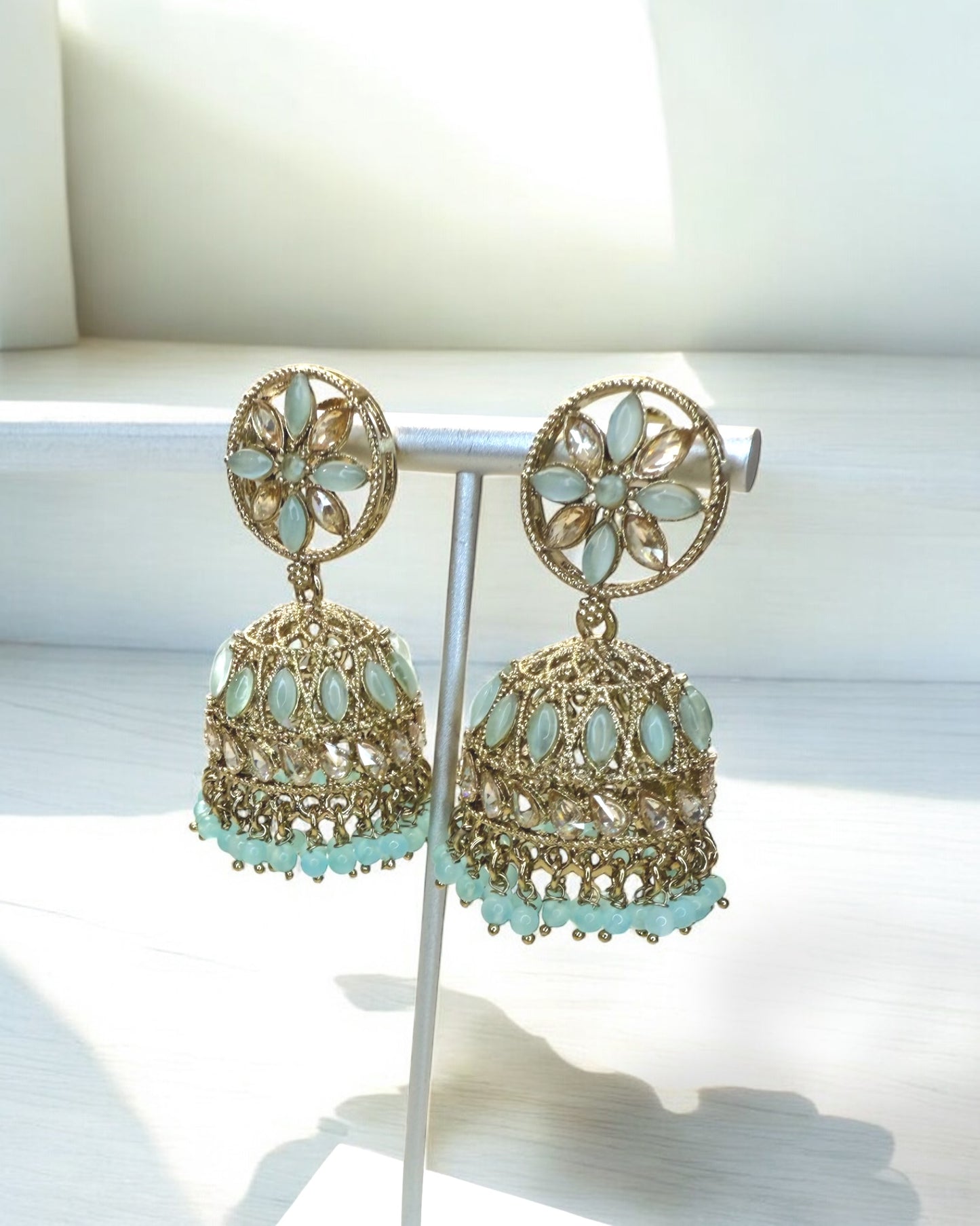 Sahar سحر Polki Jhumkay in Sky Blue
