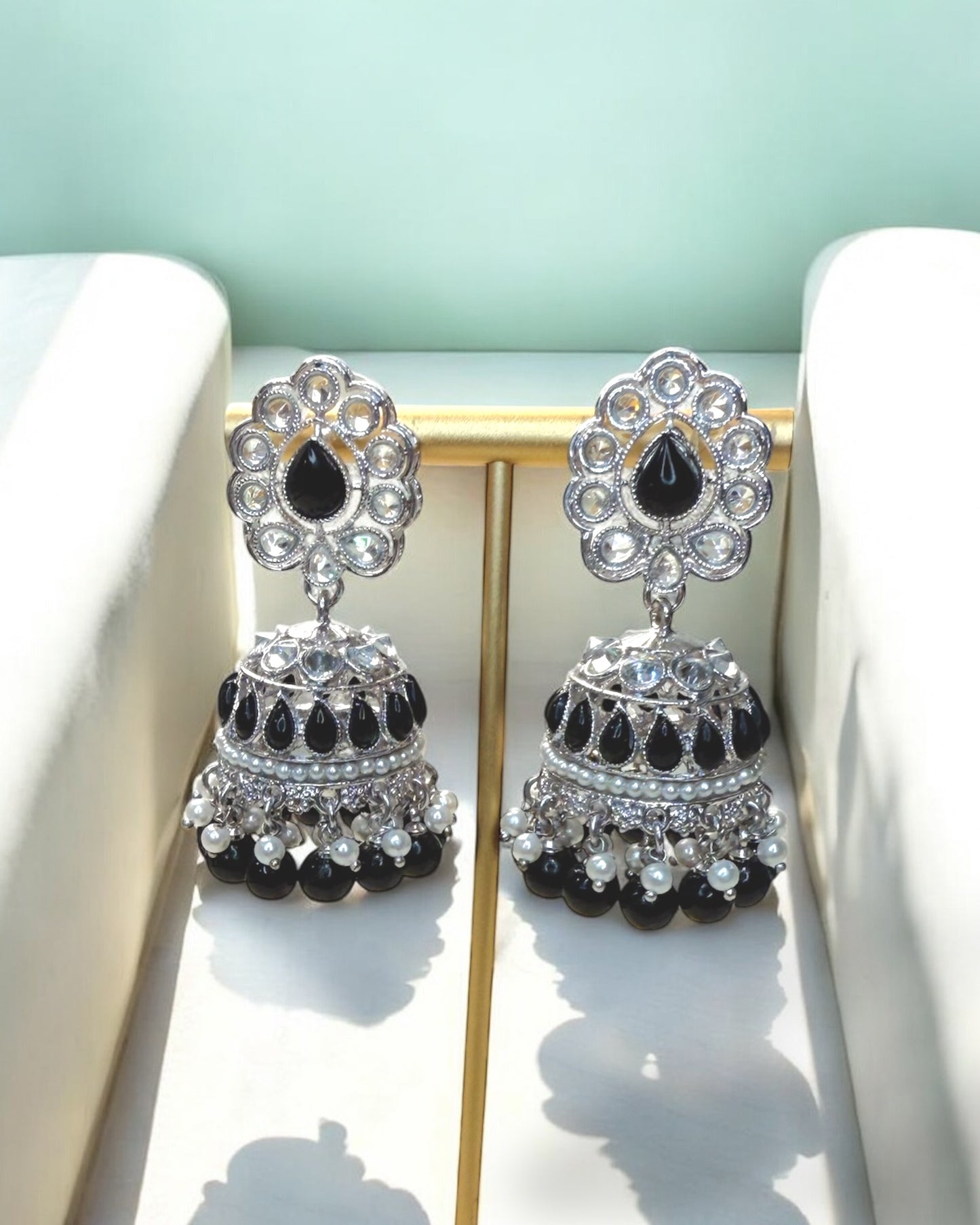 Reem ريم Silver Polki Jhumkay in Black