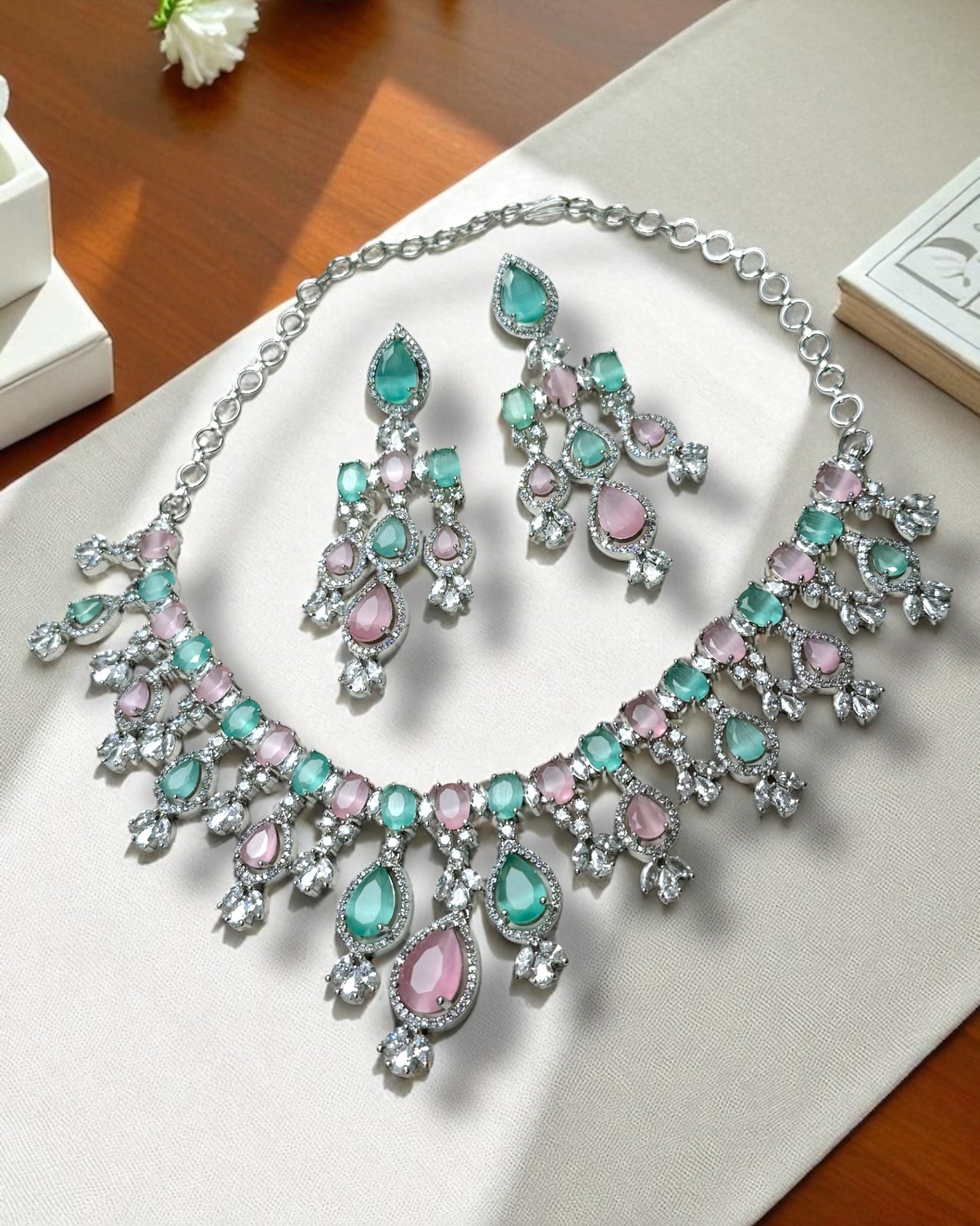Meher मेहर American Diamond Set in Pastel Pink & Mint