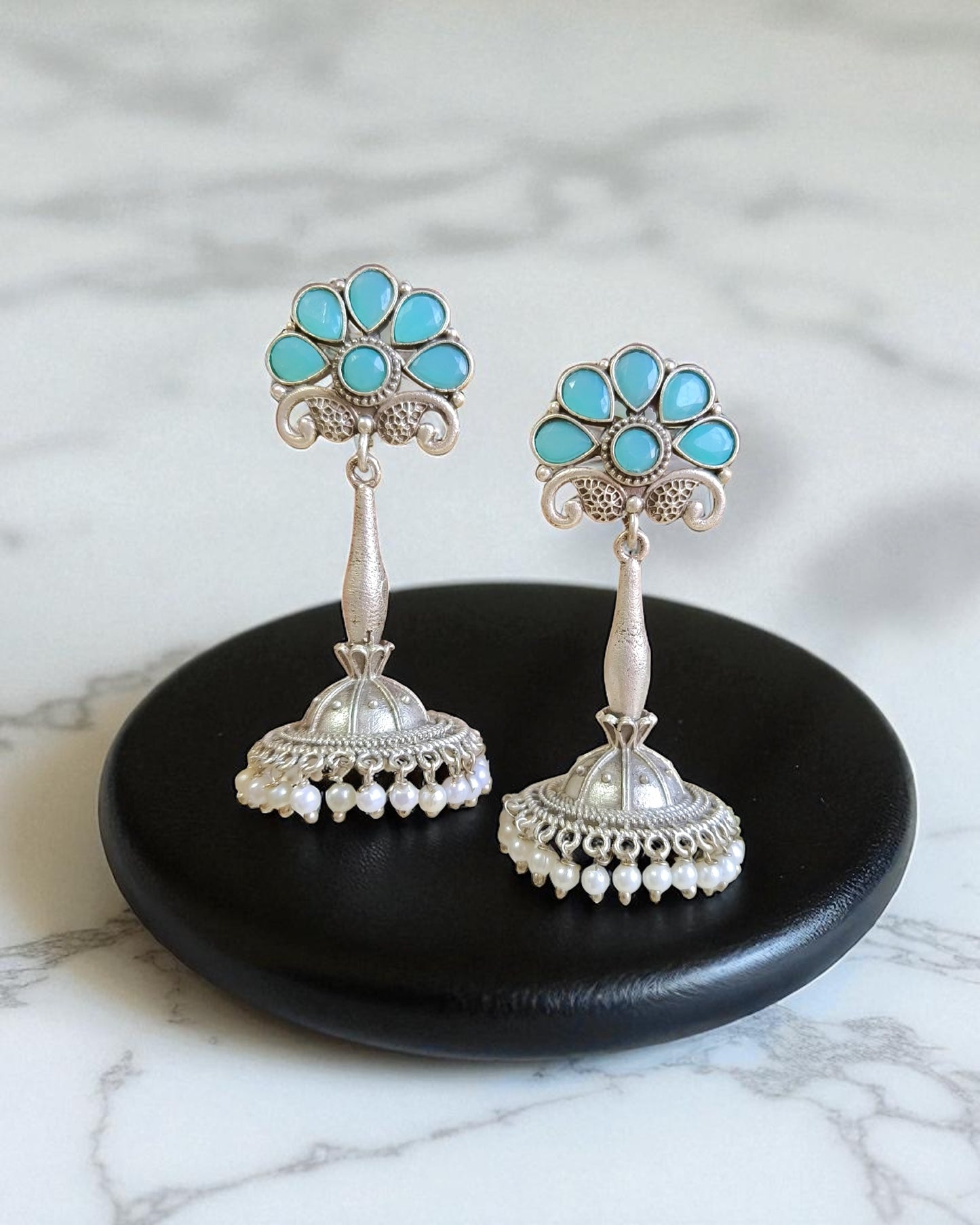 Rhea रिया Silver Plated Jhumka in Sky Blue