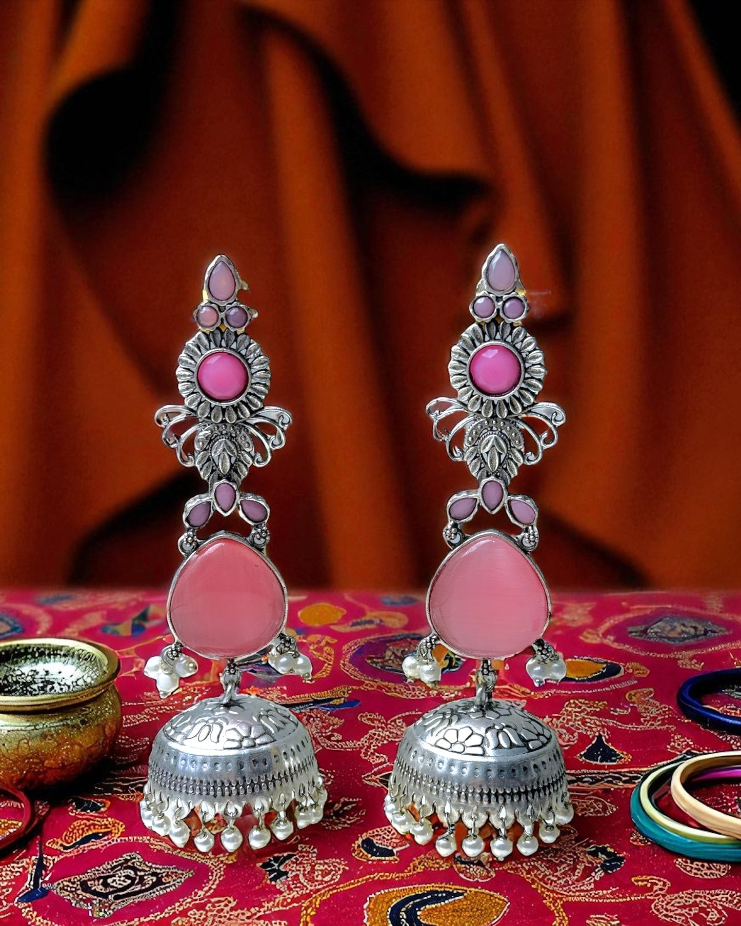 Nitya नित्य Silver Plated Jhumkay in Pink