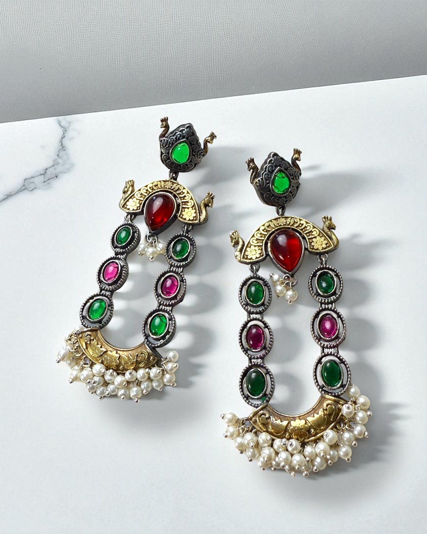 Ridhima रिधिमा Dual Tone Oxidized Earrings in Ruby & Green