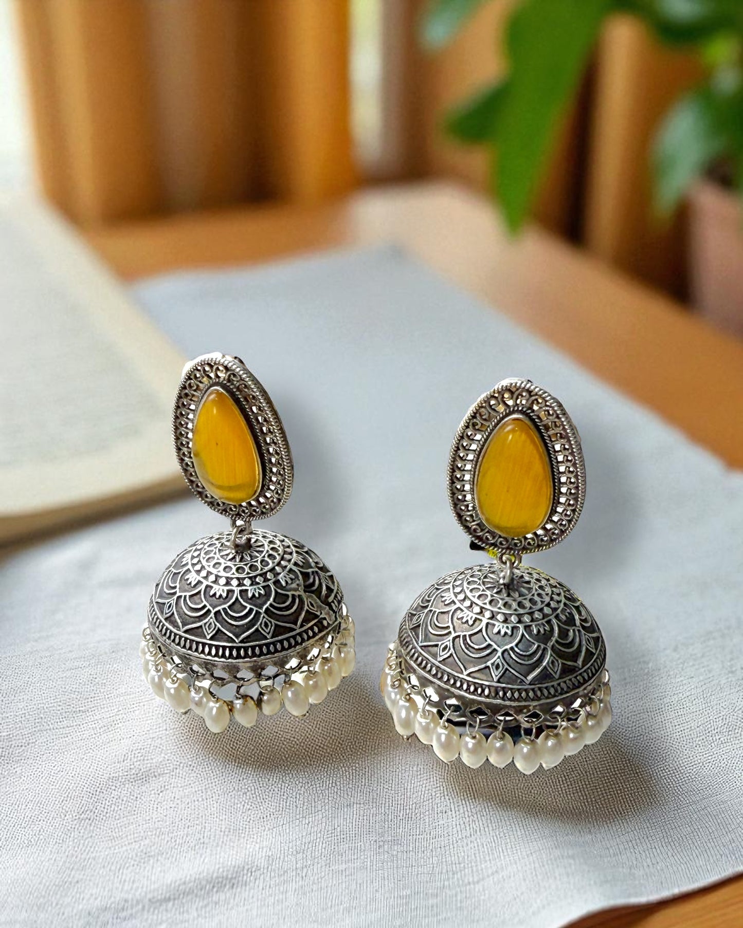 Sahana सहाना Silver Plated Oxidized Jhumkay in Yellow
