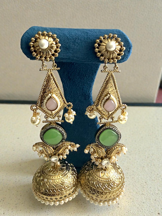 Devanshi देवांशी Lightweight Heritage Jhumkay in Mint and Pink