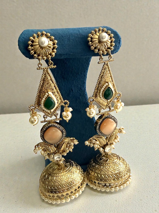 Devanshi देवांशी Lightweight Heritage Jhumkay in Peach and Green