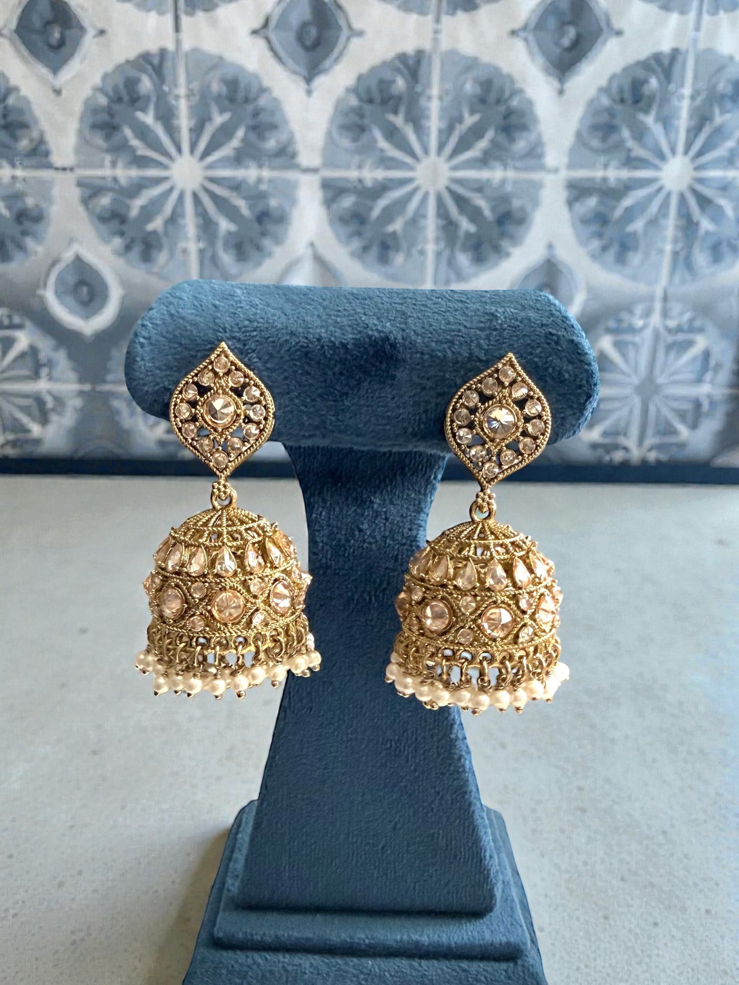 Muaziza معززة Polki Jhumkay in Gold & Pearl