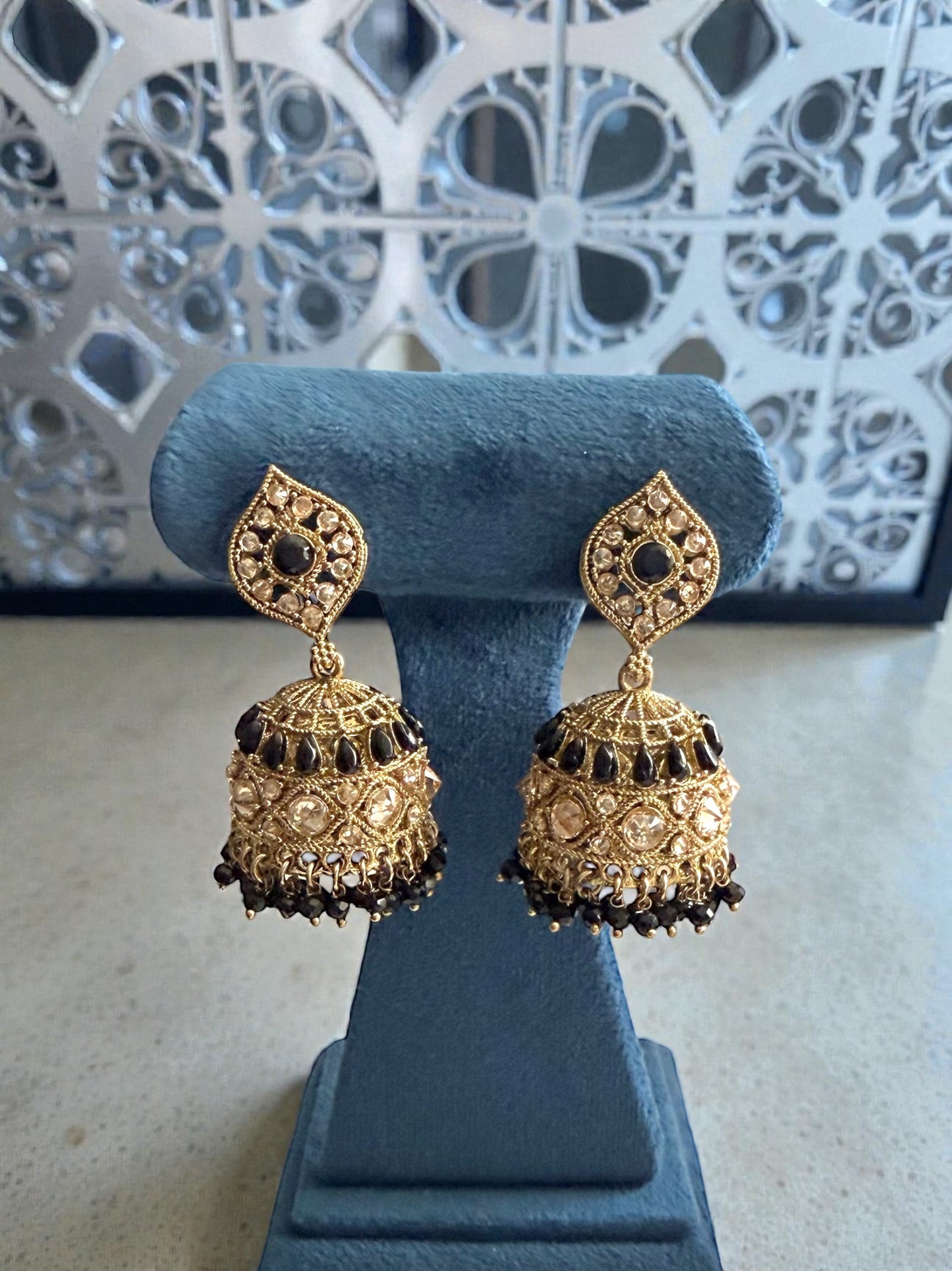 Muaziza معززة Polki Jhumkay in Black