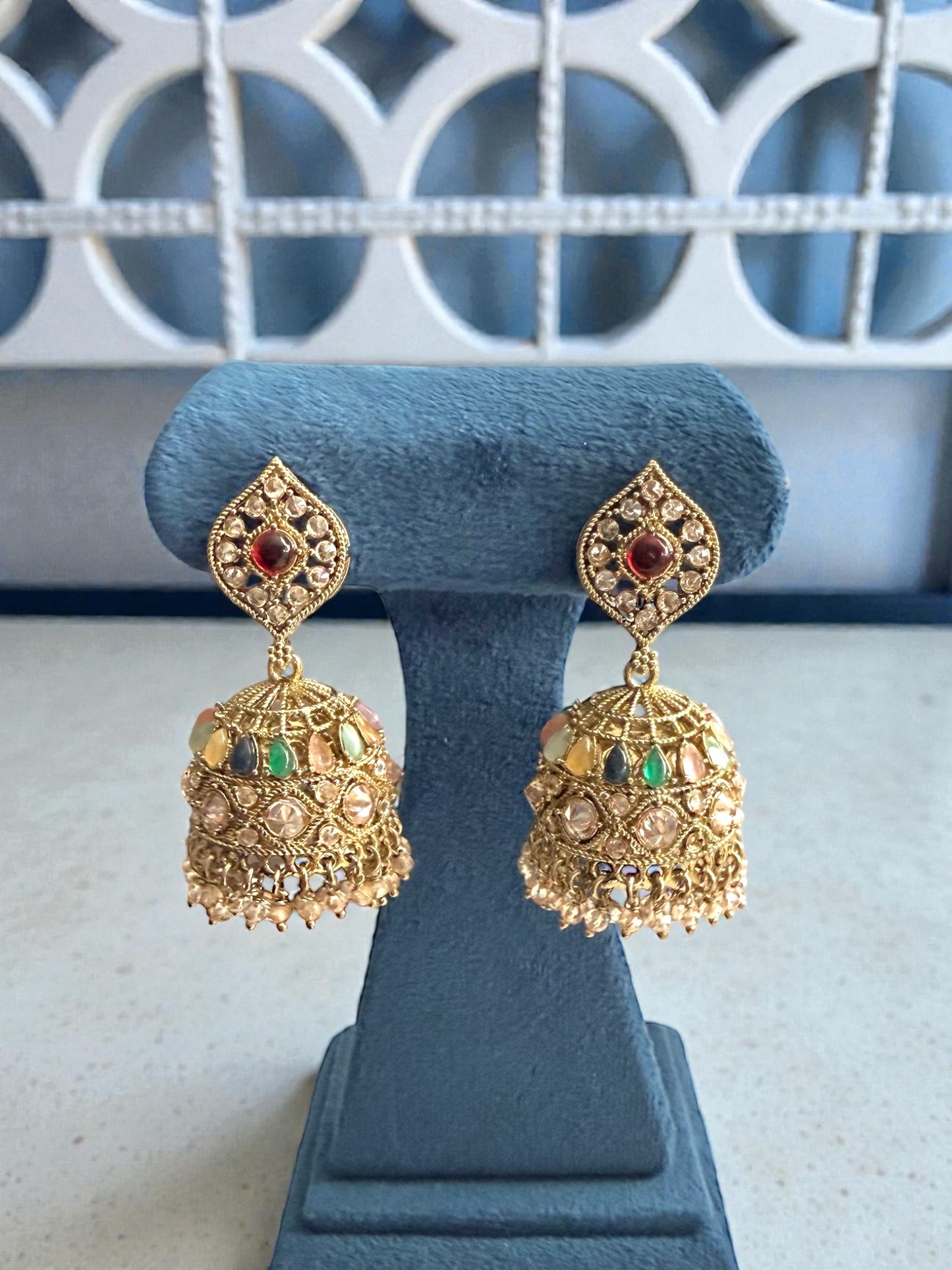 Muaziza معززة Polki Jhumkay in Multicolor