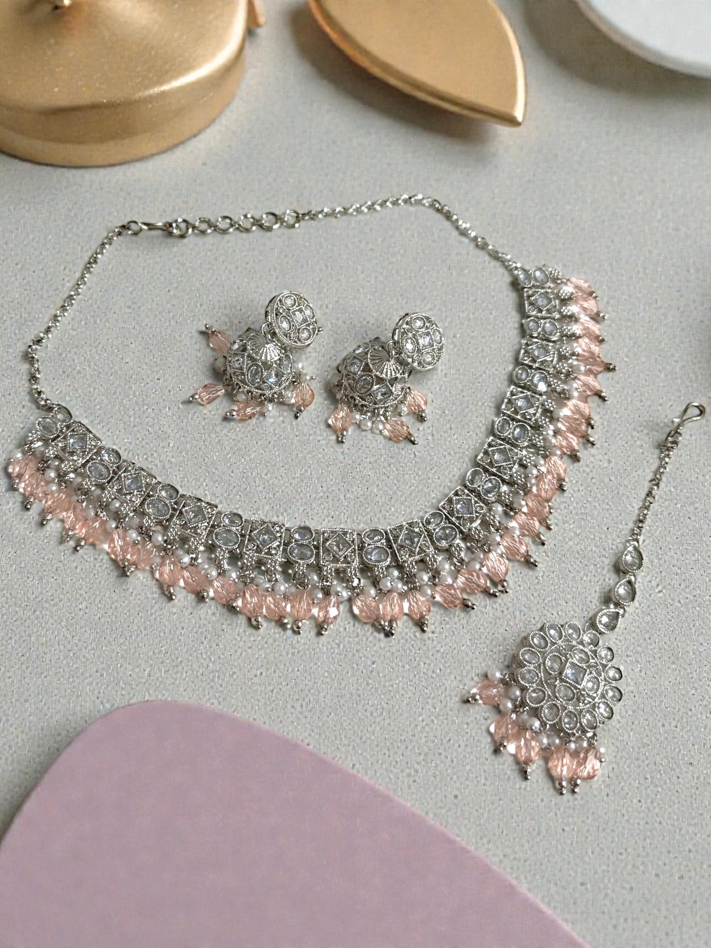 Wafa وفاء Polki Set in Blush Pink and Silver