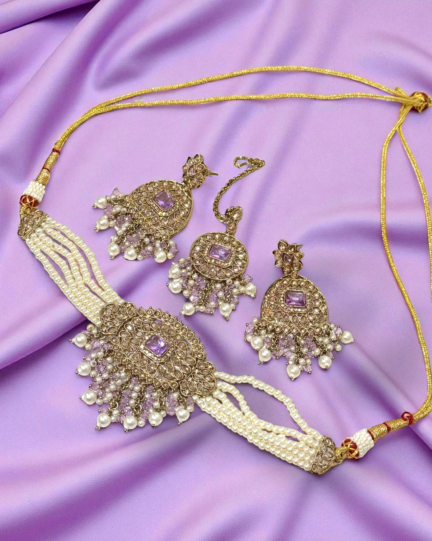 Mubeena مبينة Polki Waterfall Choker Set in Lavender