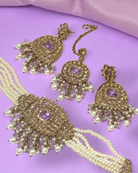 Mubeena مبينة Polki Waterfall Choker Set in Lavender