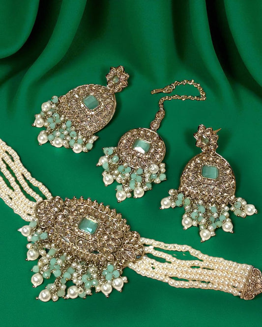 Mubeena مبينة Polki Waterfall Choker Set in Mint