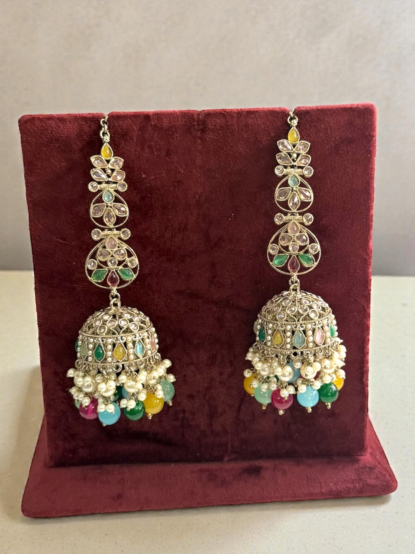 Lida ليدا Polki Jhumkay with Saharay in Multicolor