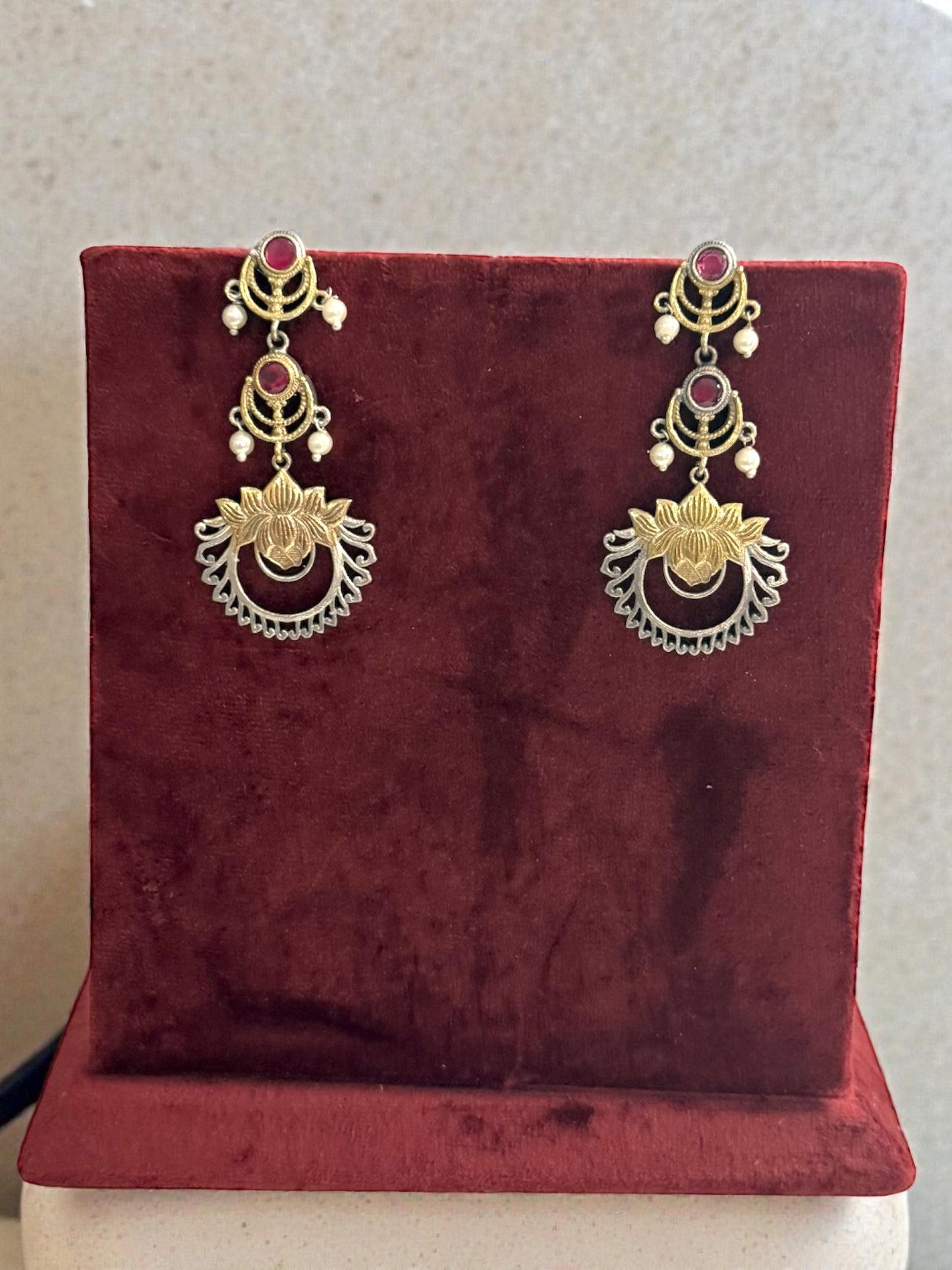 Rina رينا Dual-Tone Silver Plated Earrings in Red