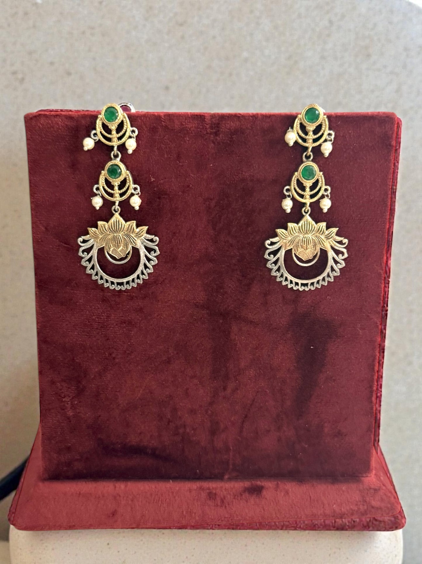 Rina رينا Dual-Tone Silver Plated Earrings in Green