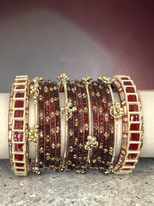 Rubaia ربيعة Viral Burgundy Kashmiri Glass Bangles in Sizes 2.4, 2.6, and 2.8