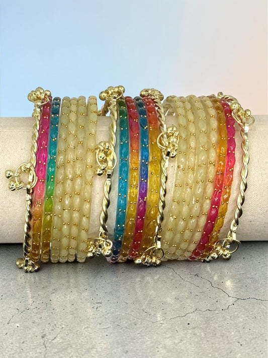 Bahira باهرة Viral Multicolor and Off White Kashmiri Glass Bangles in Size 2.4 and 2.6 with Premium Kashmiri Kaday