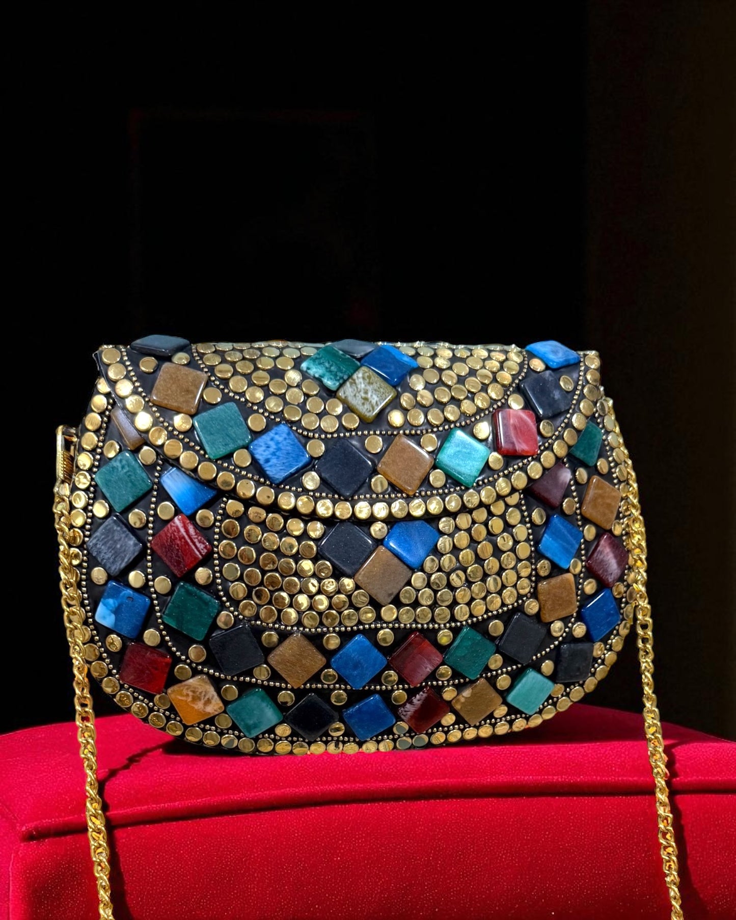 Zavya زاويا Gold Brass Clutch with Multicolor Work