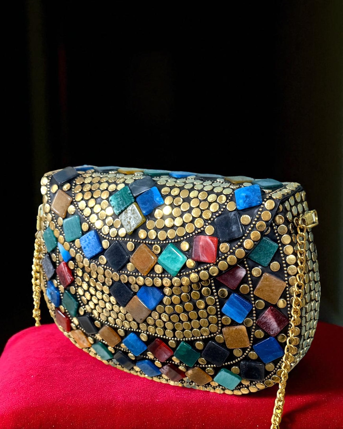 Zavya زاويا Gold Brass Clutch with Multicolor Work