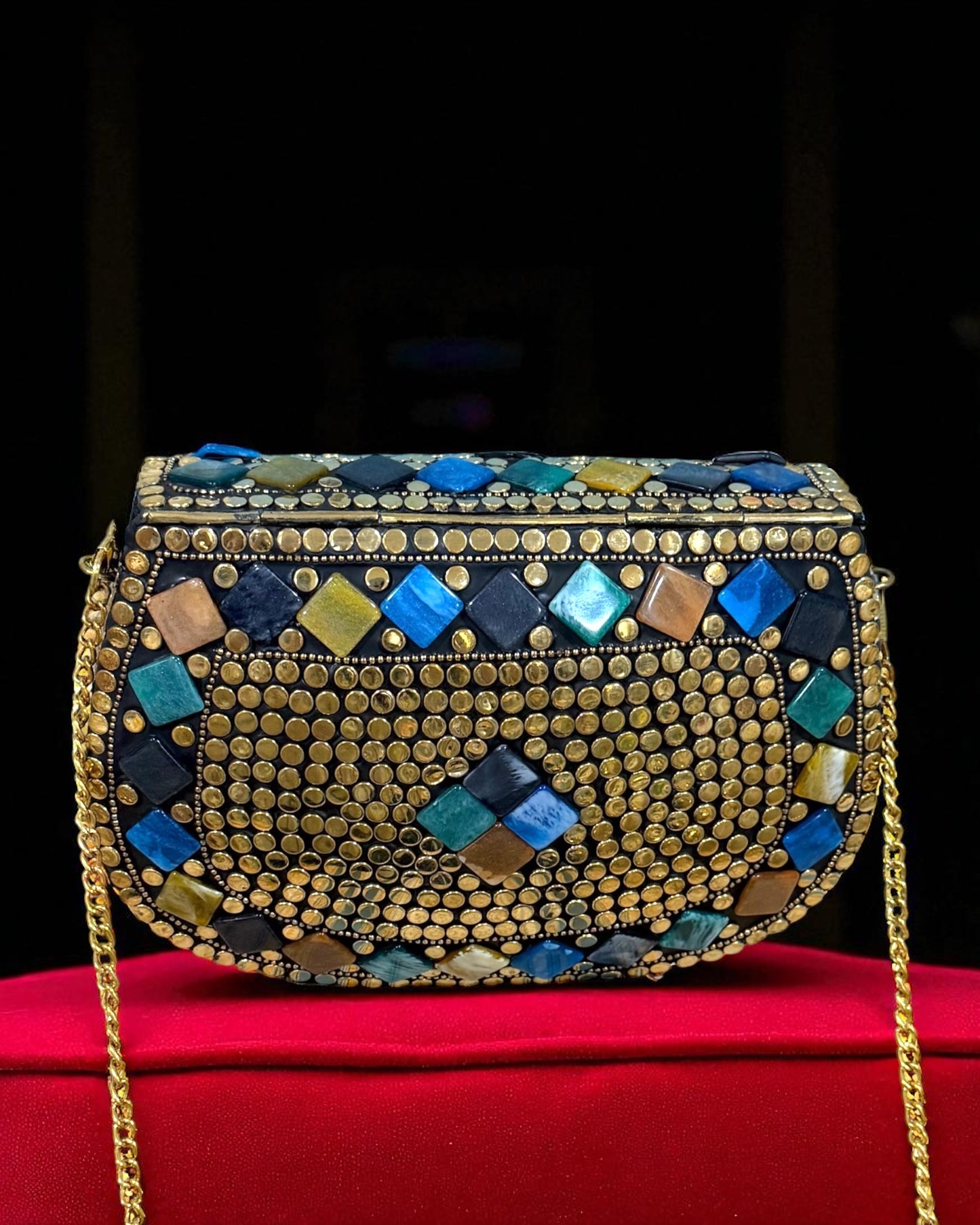 Zavya زاويا Gold Brass Clutch with Multicolor Work