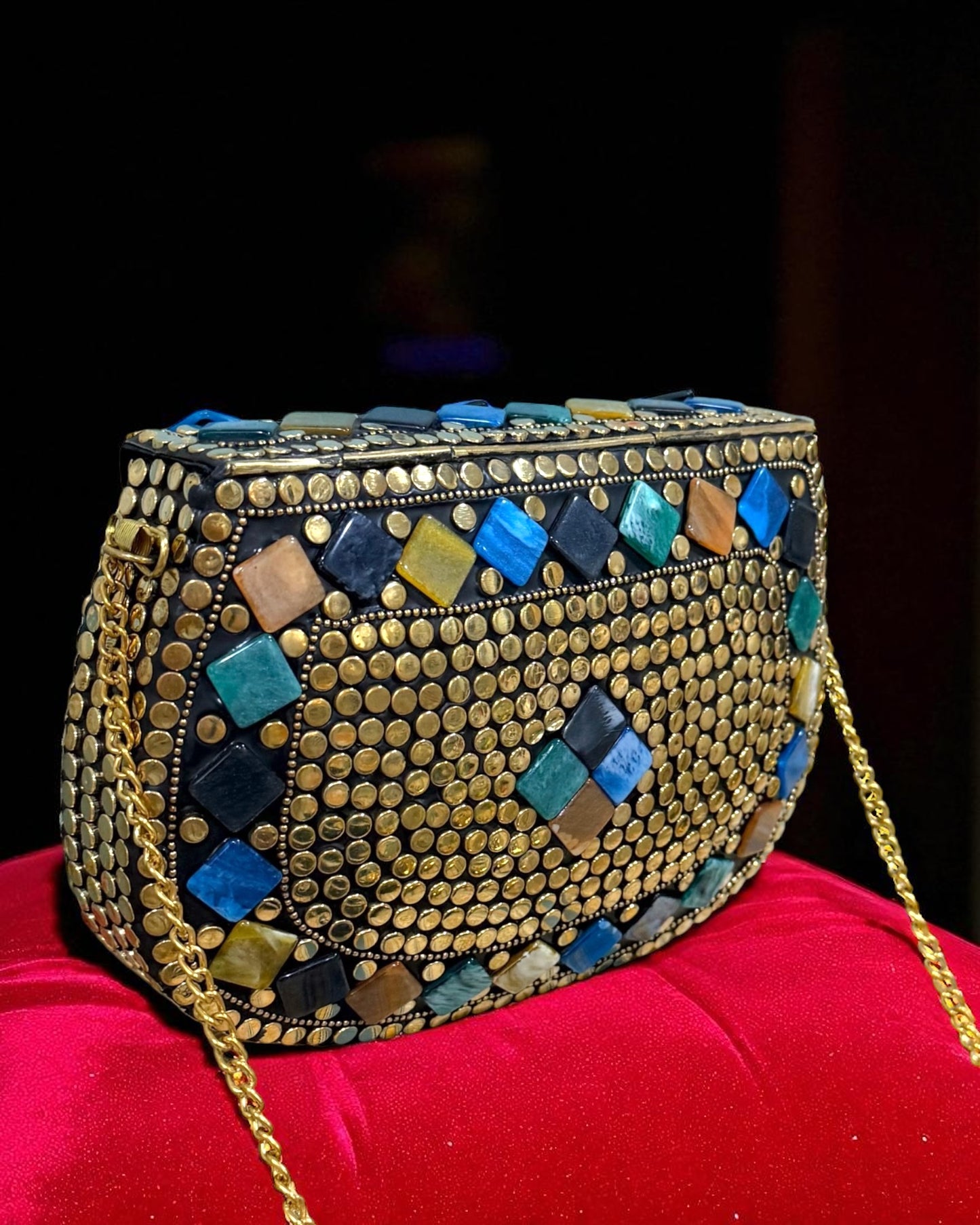 Zavya زاويا Gold Brass Clutch with Multicolor Work