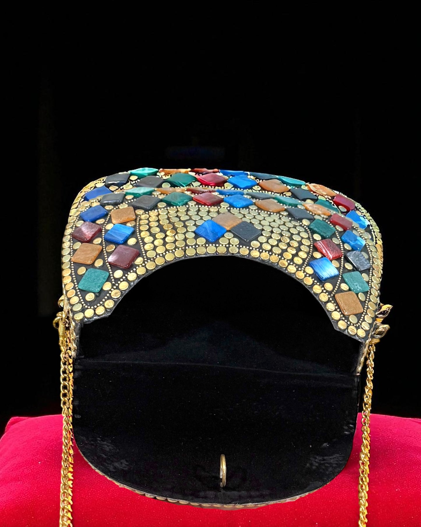 Zavya زاويا Gold Brass Clutch with Multicolor Work