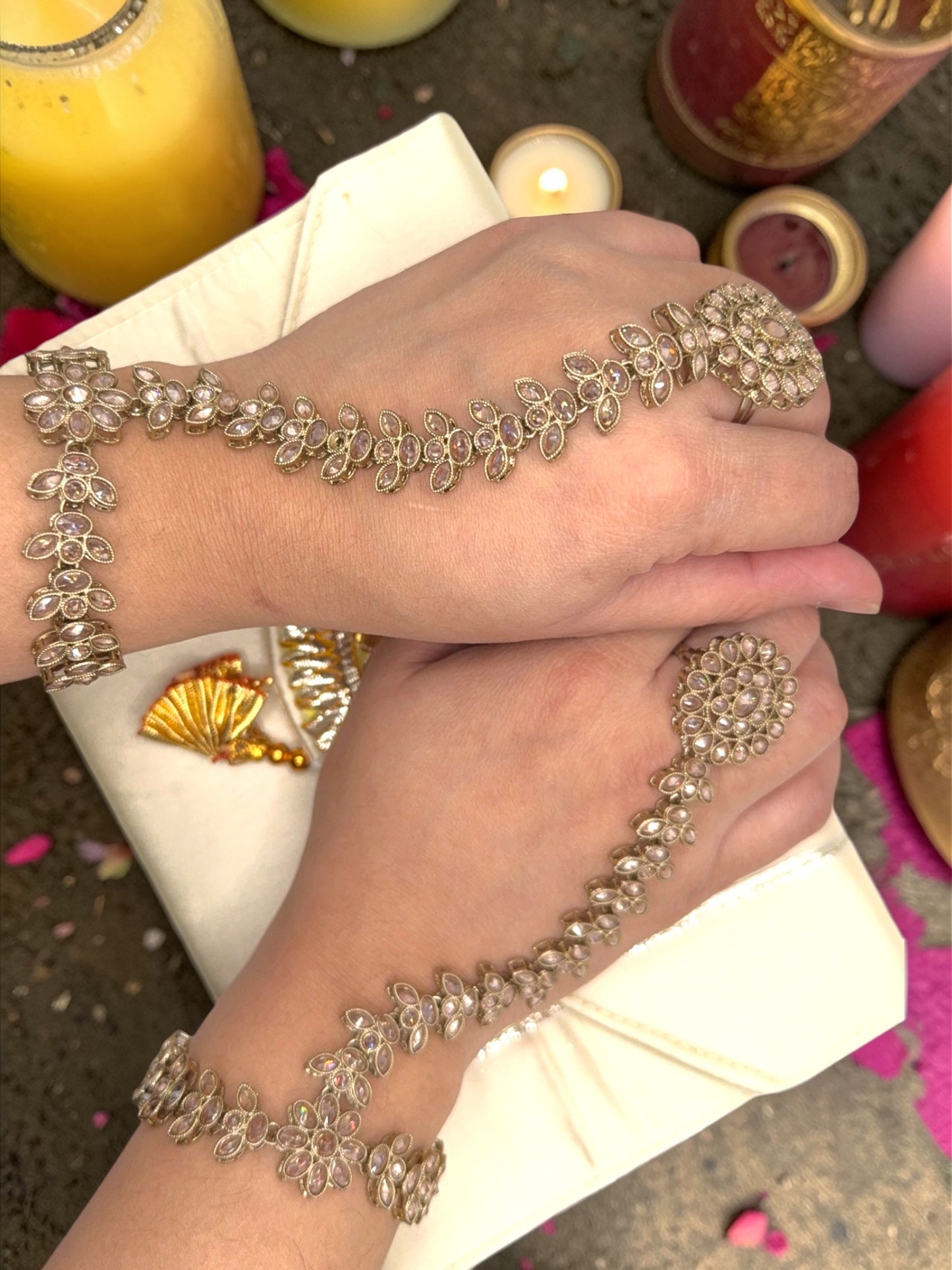 Padma पद्मा Polki Hand Chain Pair in Gold with Adjustable Ring and Bracelet