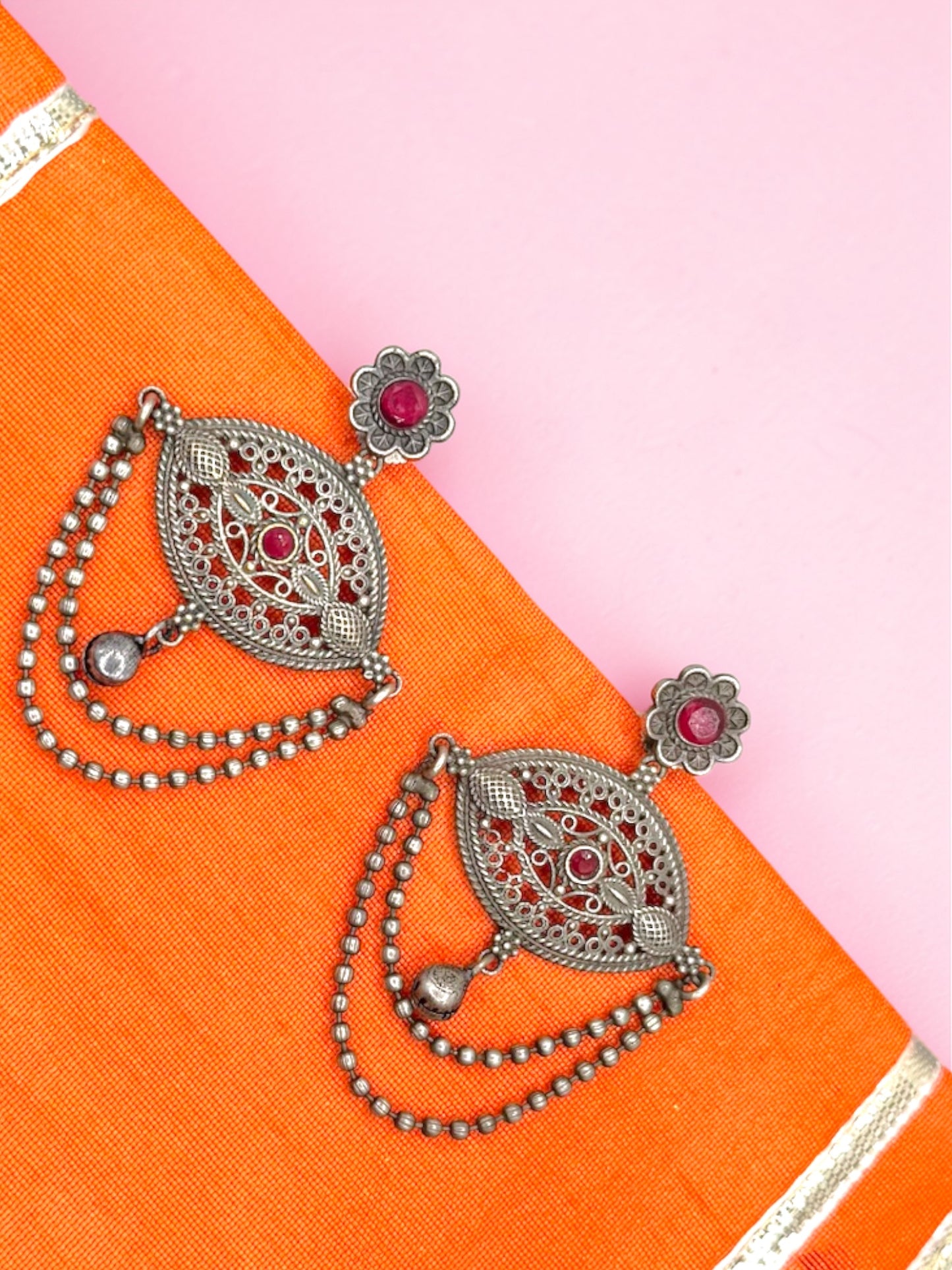 Suman सुमन Silver Plated Earrings in Red