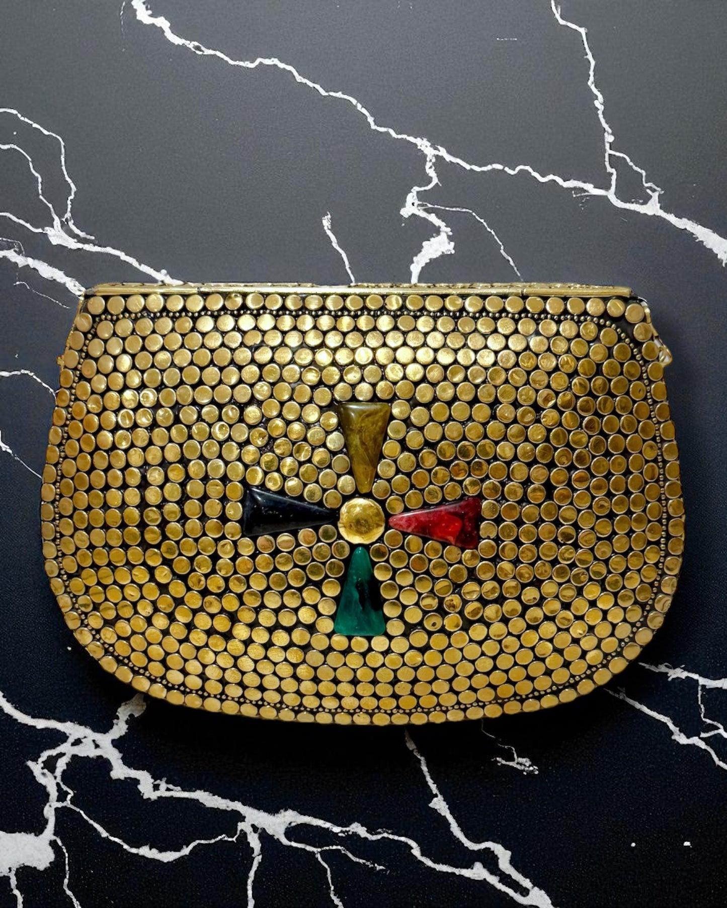 Rubina روبينا Gold Brass Clutch with Multicolor Work