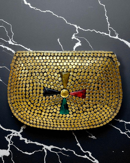 Rubina روبينا Gold Brass Clutch with Multicolor Work