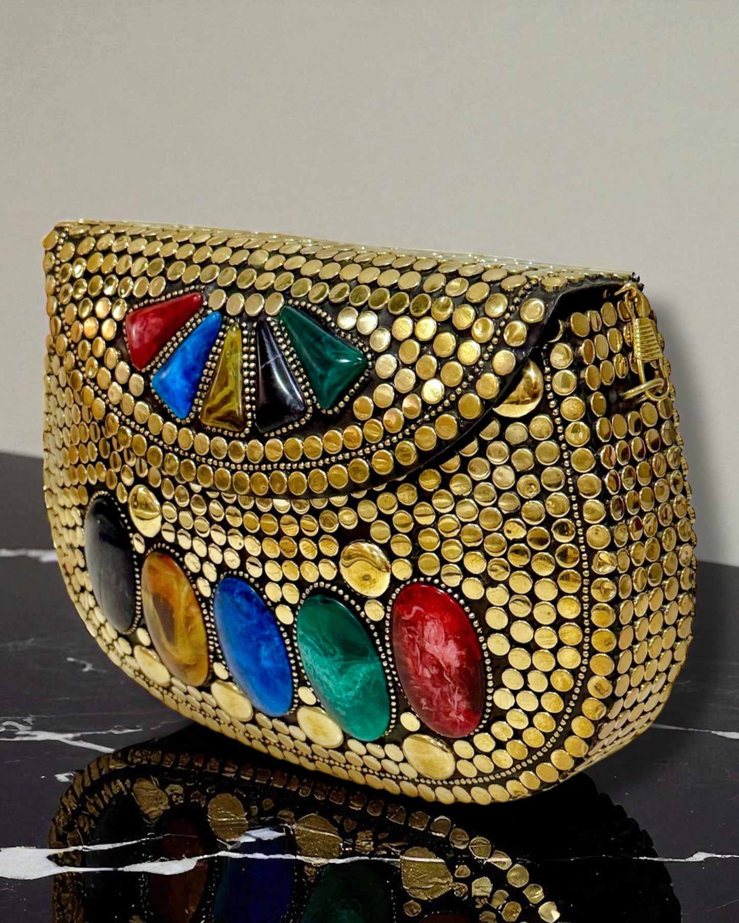 Rubina روبينا Gold Brass Clutch with Multicolor Work