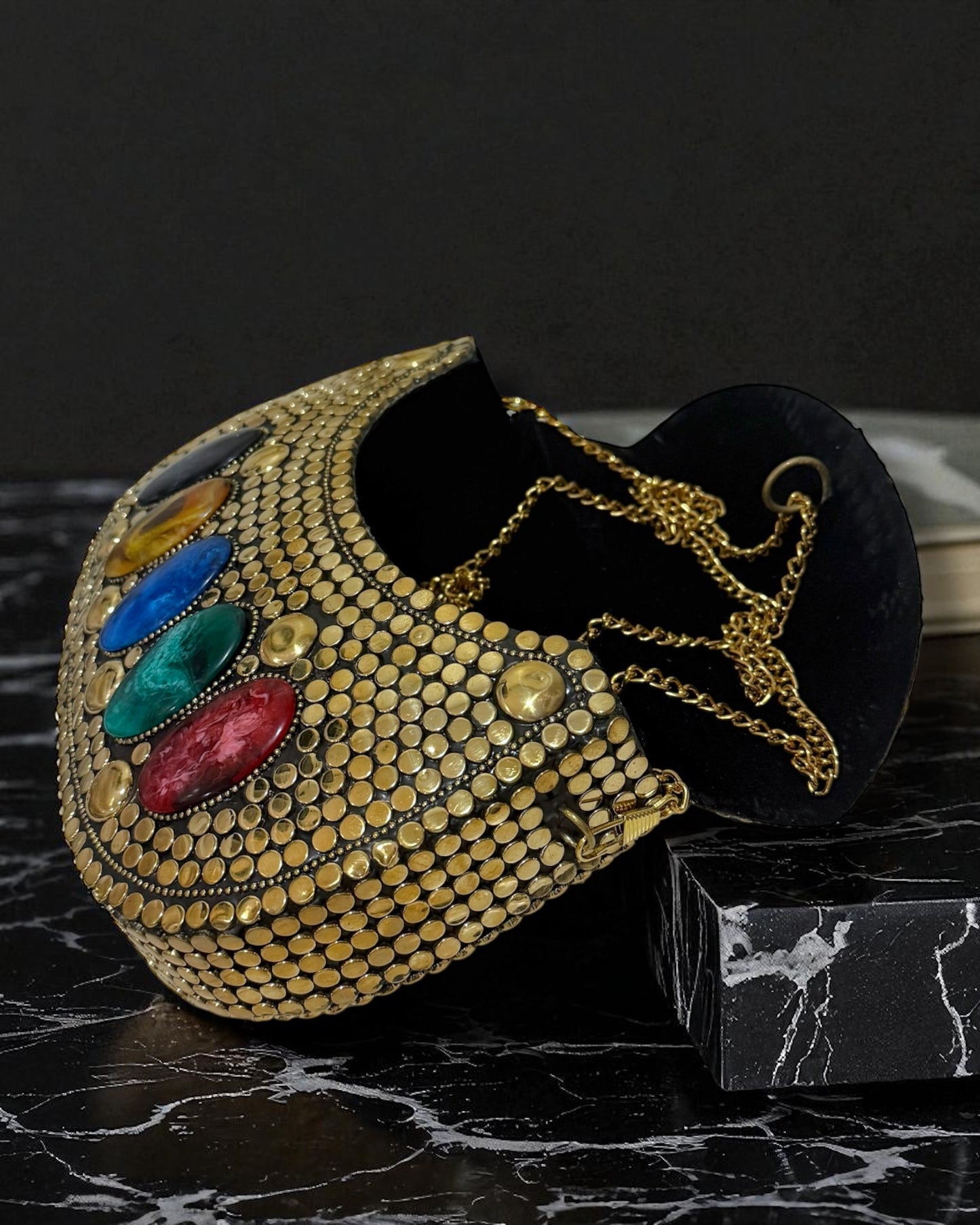 Rubina روبينا Gold Brass Clutch with Multicolor Work