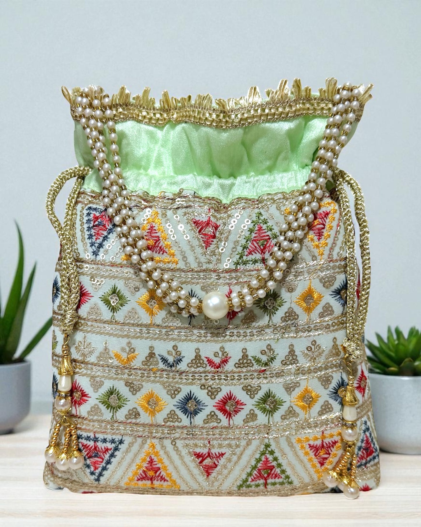 Dalia داليا Embroidered Potli Bag in Mint Green