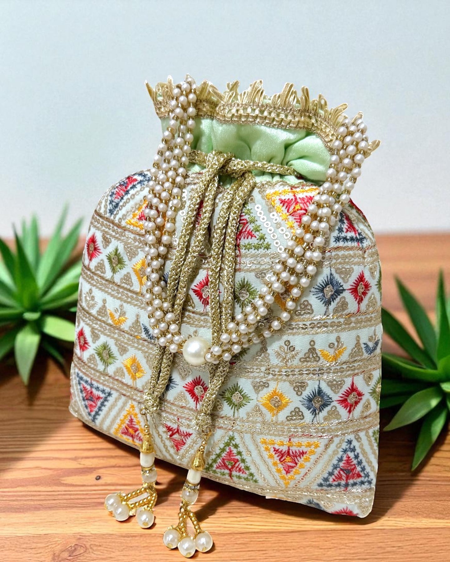 Dalia داليا Embroidered Potli Bag in Mint Green