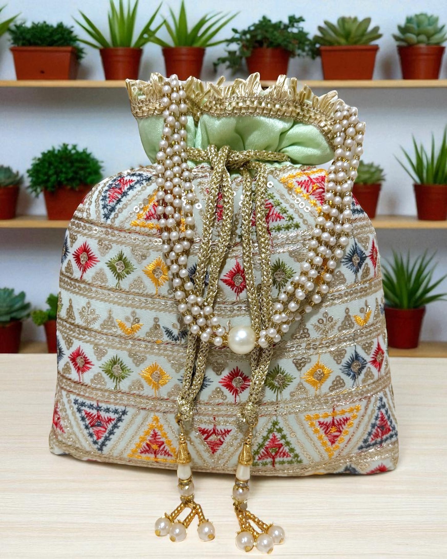Dalia داليا Embroidered Potli Bag in Mint Green