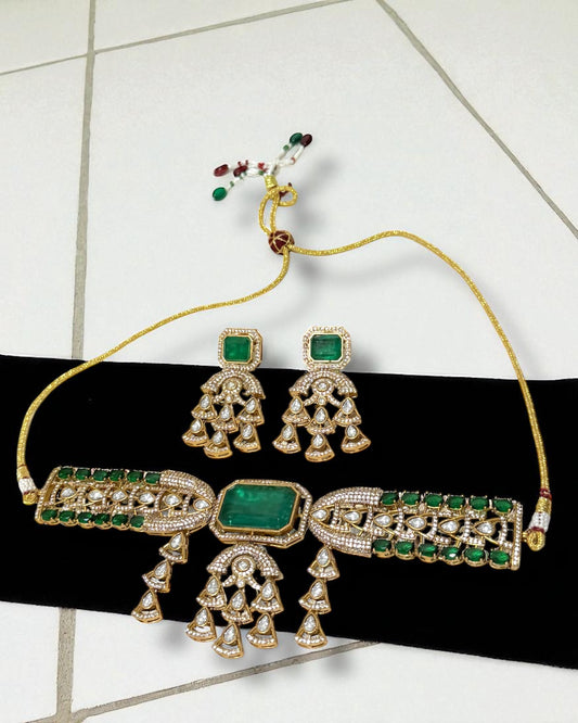 Faiza فائزة Gold Plated Tyaani Kundan Choker Set with Doublet Stone in Green