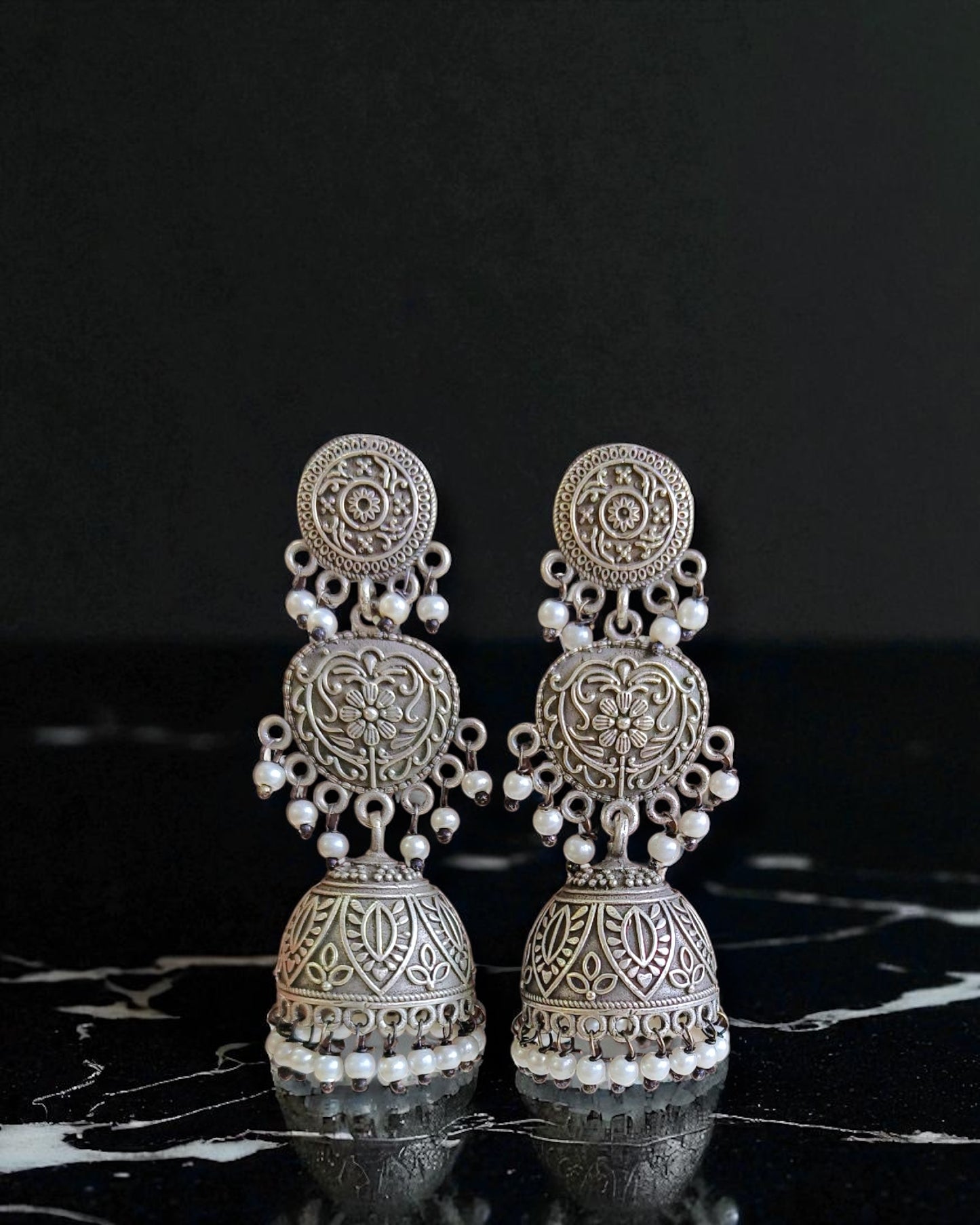 Nisha निशा Floral Silver Plated Jhumkay