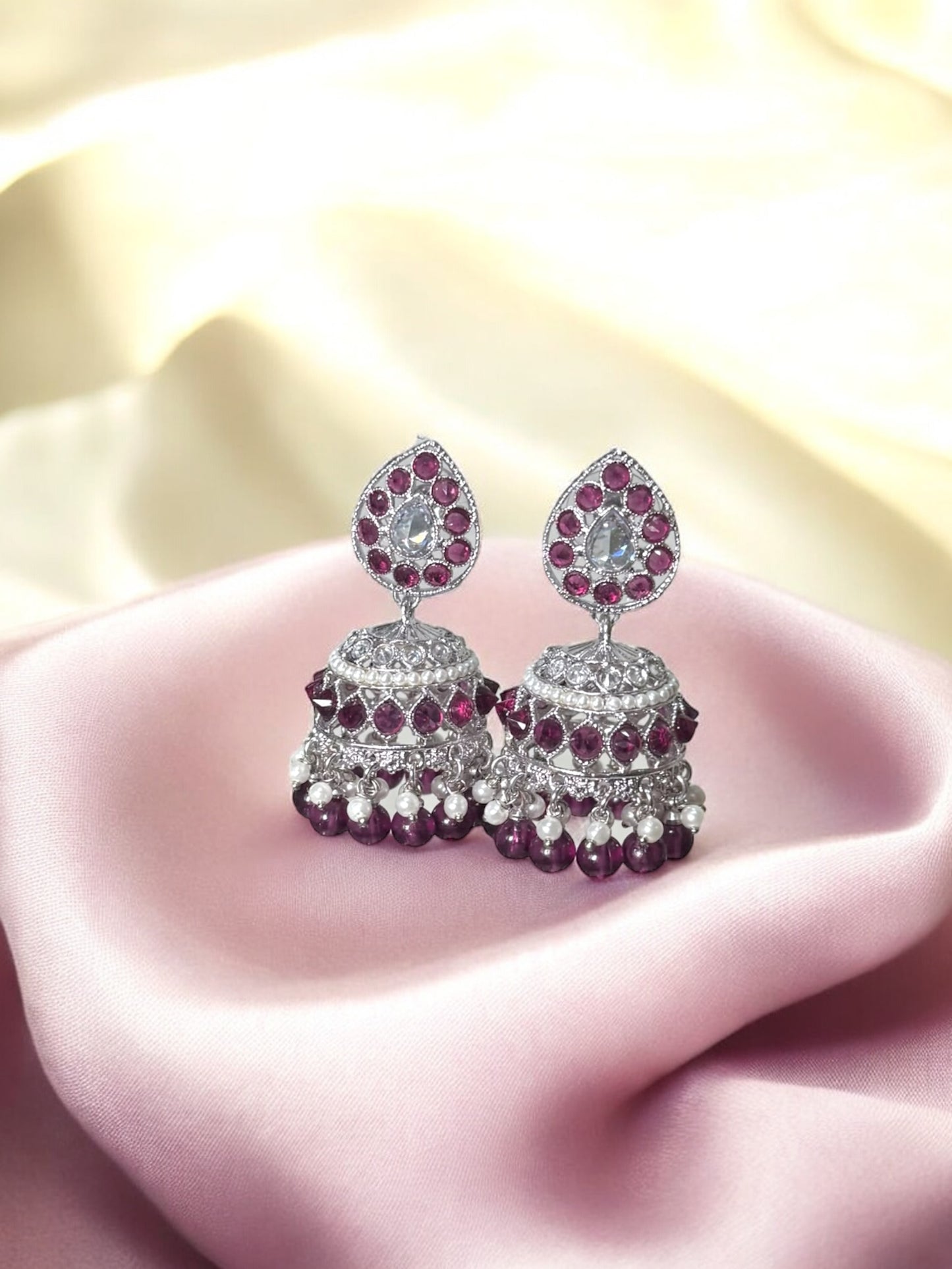 Mahaam مهام Polki Jhumkay in Silver and Purple