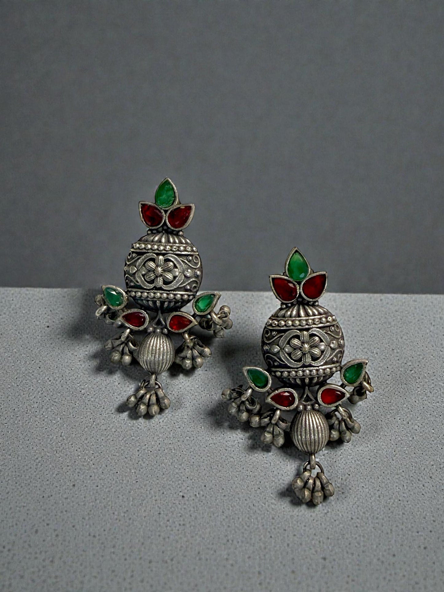 Fayza فايزة Silver Plated Earrings in Red and Green
