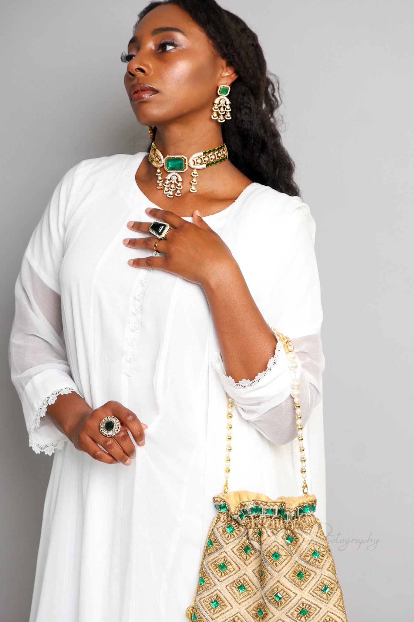 Faiza فائزة Gold Plated Tyaani Kundan Choker Set with Doublet Stone in Green