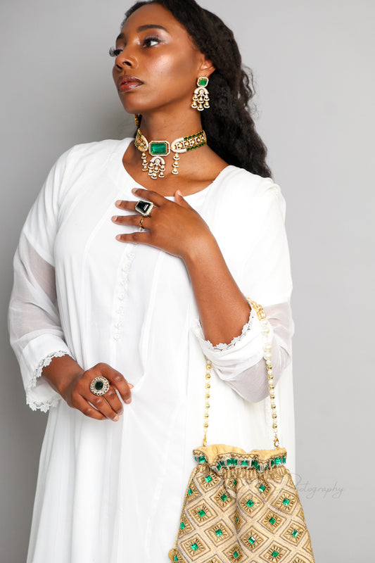 Faiza فائزة Gold Plated Tyaani Kundan Choker Set with Doublet Stone in Green
