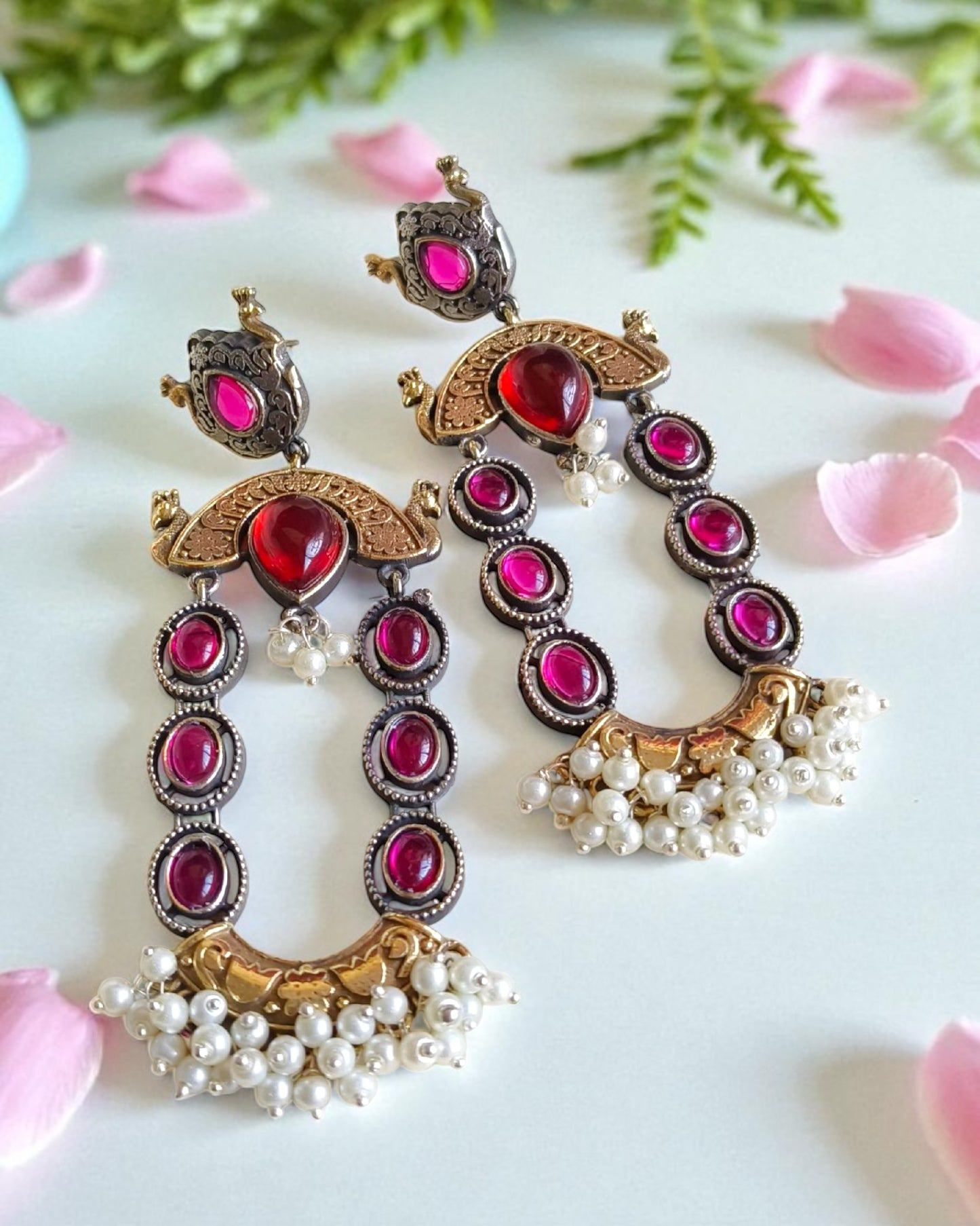 Ridhima रिधिमा Dual Tone Oxidized Earrings in Ruby Pink