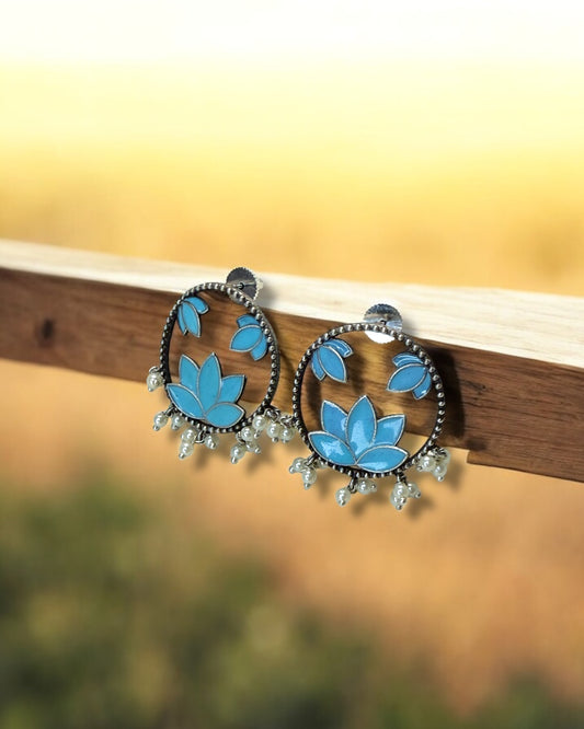 Lotus कमल Hand-Painted Oxidized Earrings in Sky Blue
