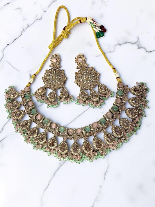 Maram مرام Polki Bridal Set in Mint and Pink